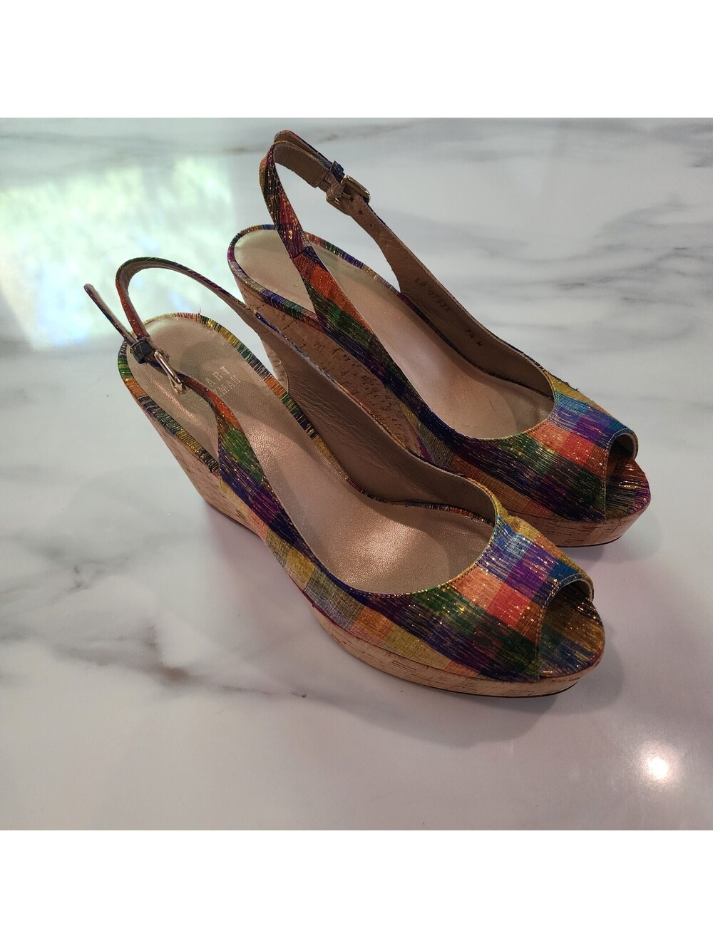 Stuart Weitzman Multicolor Metallic Peep Toe Slingback Wedges Size 7.5